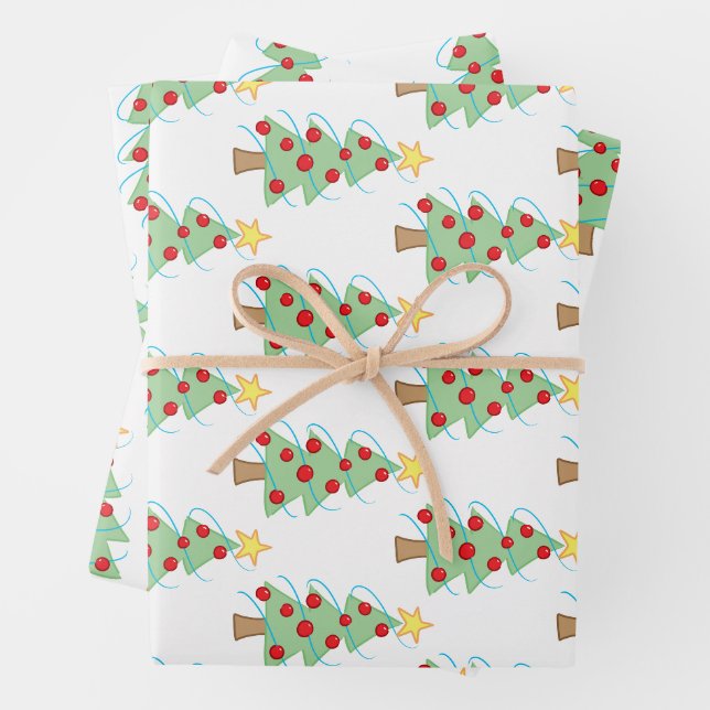 Festive Christmas Trees on White Wrapping Paper Sheet (In situ)