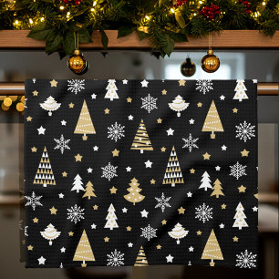 Festive Christmas Trees Snowflakes Black Kitchen Towel