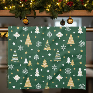 Festive Christmas Trees Snowflakes Dark Green Kitchen Towel
