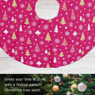 Festive Christmas Trees Snowflakes Pattern Pink Brushed Polyester Tree Skirt