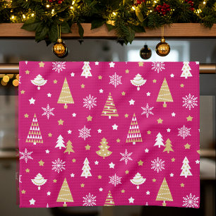 Festive Christmas Trees Snowflakes Pattern Pink Kitchen Towel