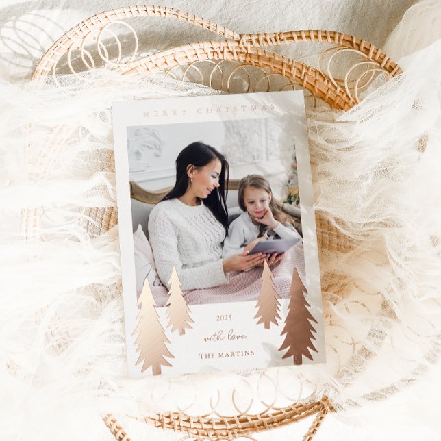 Festive Christmas Trees Two Photo Foil Holiday Card (Creator Uploaded)