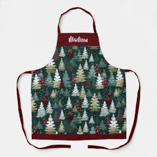Festive Christmas Trees Winter Personalized Name Apron