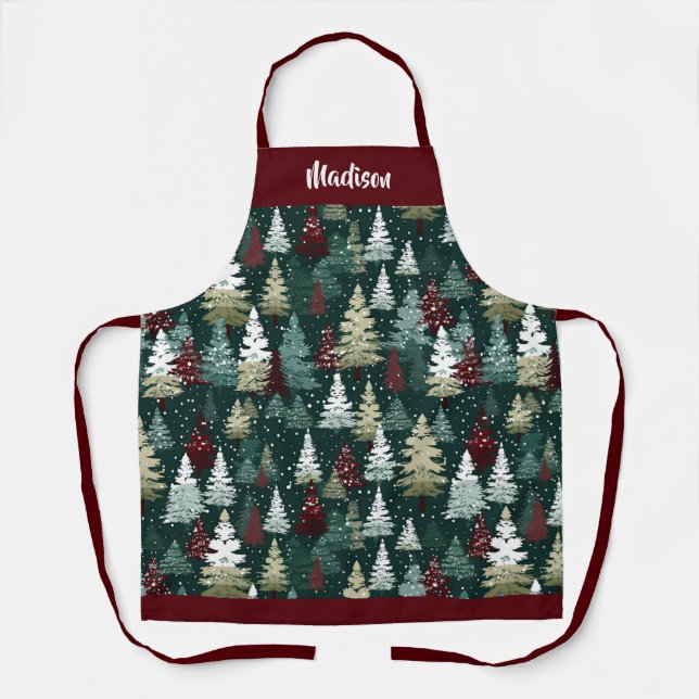 Festive Christmas Trees Winter Personalized Name Apron (Front)