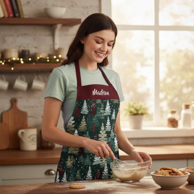 Festive Christmas Trees Winter Personalized Name Apron (Creator Uploaded)
