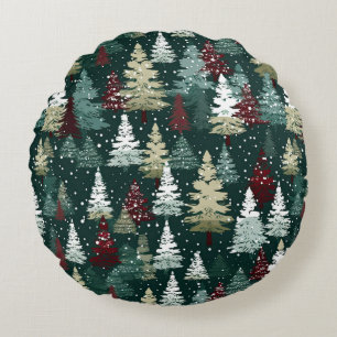 Festive Christmas Trees Winter Snow Holiday Round Pillow