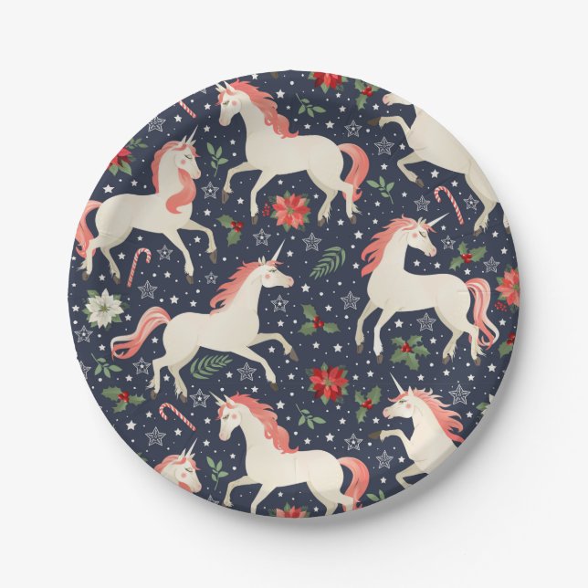 Festive Christmas Unicorns Design Paper Plate (Front)