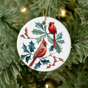 Festive Christmas watercolor cardinals add text  Ceramic Ornament
