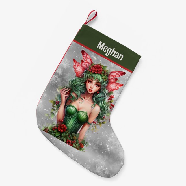 festive Christmas watercolor fairy add name Small Christmas Stocking (Front (Hanging))