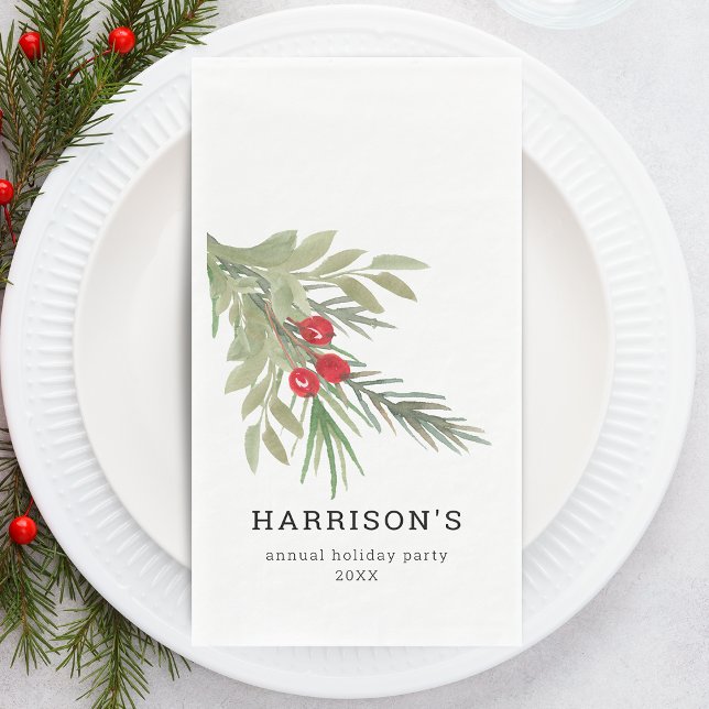 Festive Christmas Watercolor Greenery Napkin (Festive Christmas Watercolor Greenery Paper Guest Towels)