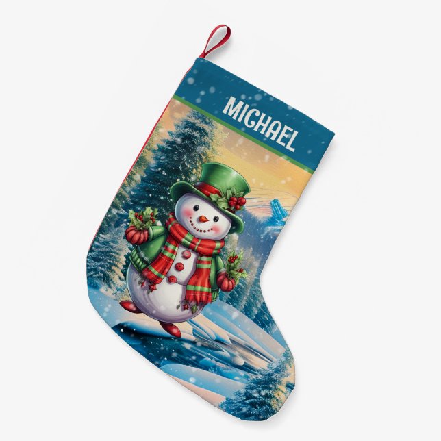 Festive Christmas watercolor snowman add name Small Christmas Stocking (Front (Hanging))
