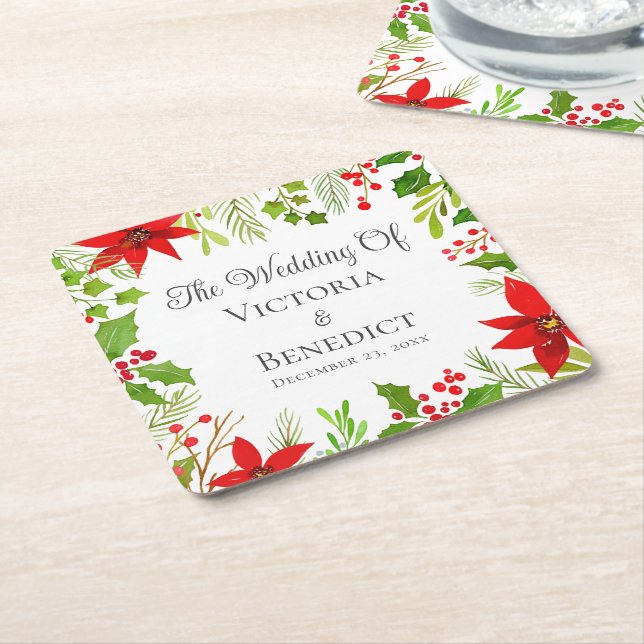 Festive Christmas Wedding Floral Personalized Square Paper Coaster (Angled)