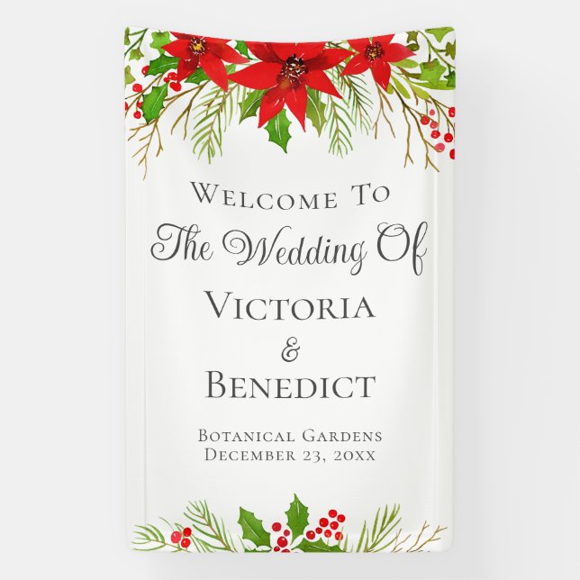 Festive Christmas Wedding Poinsettia Personalized Banner (Vertical)
