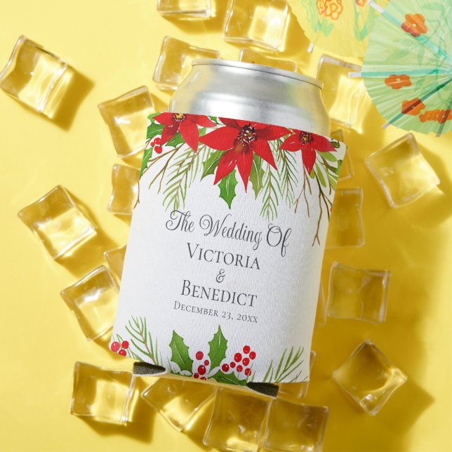 Festive Christmas Wedding Poinsettia Personalized Can Cooler (In Situ Summer)