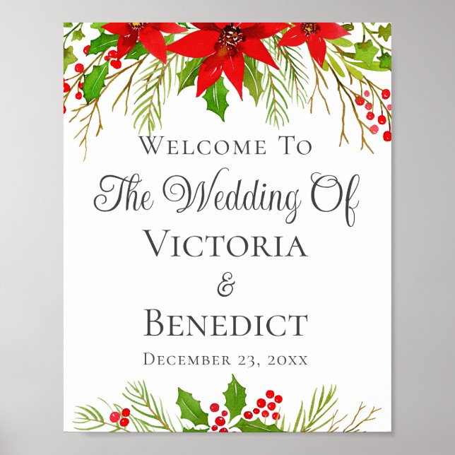 Festive Christmas Wedding Poinsettia Personalized Poster (Front)
