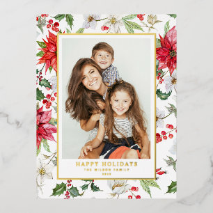 Festive Christmas Winter Floral Pattern Photo Foil Holiday Postcard