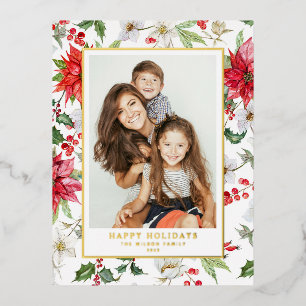 Festive Christmas Winter Floral Pattern Photo Foil Holiday Postcard