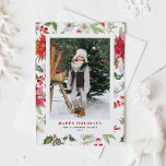 Festive Christmas Winter Flowers Pattern Photo Holiday Postcard<br><div class="desc">Happy Holidays! Give warm holiday greetings to your family and friends with this customizable photo holiday postcard. It features watercolor botanical pattern of red poinsettia, winterberries, holies, paperwhites and greenery accents. Personalize this watercolor holiday postcard by adding your own details. This floral holiday postcard is available in a variety of...</div>