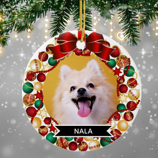 Festive Christmas Wreath Custom Dog Pet Photo Ceramic Ornament