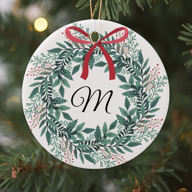 Festive Christmas Wreath Custom Initial and Photo Ceramic Ornament (Creator Uploaded)