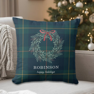 Festive Christmas Wreath Family Name Holiday Throw Pillow