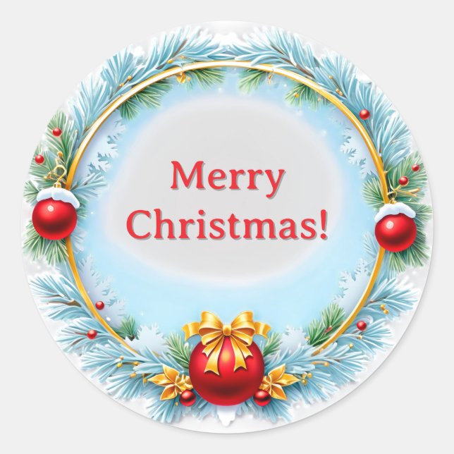 Festive Christmas Wreath Frame With Blue Pine Classic Round Sticker (Front)