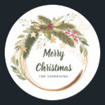 Festive Christmas Wreath Greenery Family Name Classic Round Sticker<br><div class="desc">Festive Christmas Wreath Greenery Holiday Foliage Family Name Classic Round Sticker to use as envelope seals or for gift wrapping.</div>