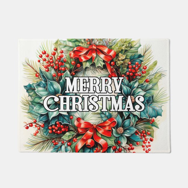 Festive Christmas Wreath | Happy Holidays Doormat (Front)