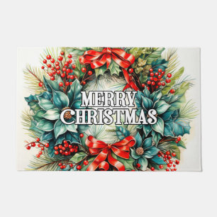 Festive Christmas Wreath Happy Holidays Doormat