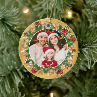 Festive Christmas Wreath Personalized Family Photo Ceramic Ornament
