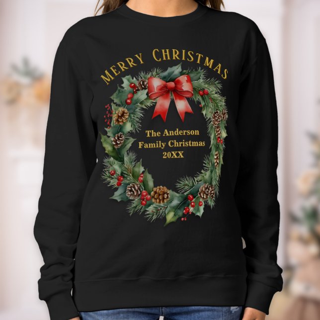 Festive Christmas Wreath Personalized Sweatshirt (A Christmas sweatshirt with rustic wreath of greenery, berries and red bow, and customizable text)