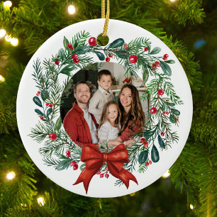 Festive Christmas Wreath Red Holly Photo  Ceramic Ornament