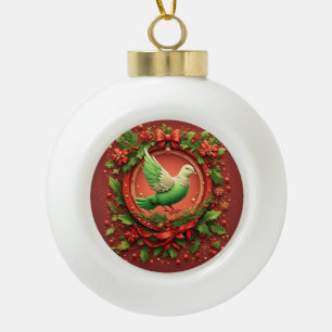 Festive Christmas Wreath With Green Dove Ceramic Ball Christmas Ornament
