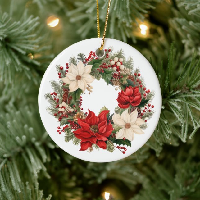 Festive Christmas Wreath with Poinsettia Ceramic Ornament (Tree)