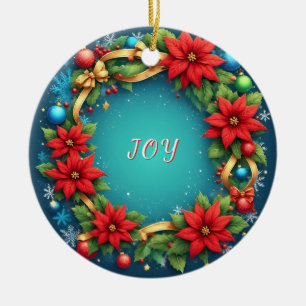 Festive Christmas Wreath with Red Poinsettias Ceramic Ornament