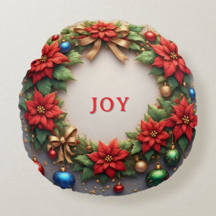 Festive Christmas Wreath with Red Poinsettias Round Pillow