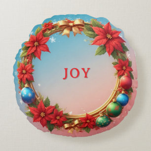 Festive Christmas Wreath with Red Poinsettias Round Pillow