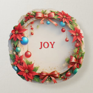 Festive Christmas Wreath with Red Poinsettias Round Pillow