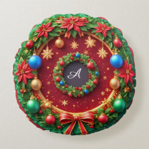 Festive Christmas Wreath with Red Poinsettias Round Pillow