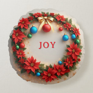 Festive Christmas Wreath with Red Poinsettias Round Pillow