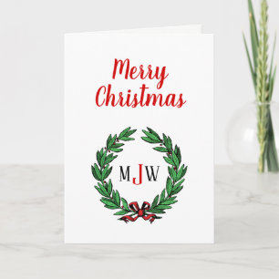 Festive Christmas Xmas Holly Wreath Monogram Holiday Card