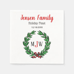 Festive Christmas Xmas Holly Wreath Monogram Napkin