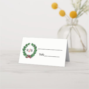 Festive Christmas Xmas Holly Wreath Monogram Place Card