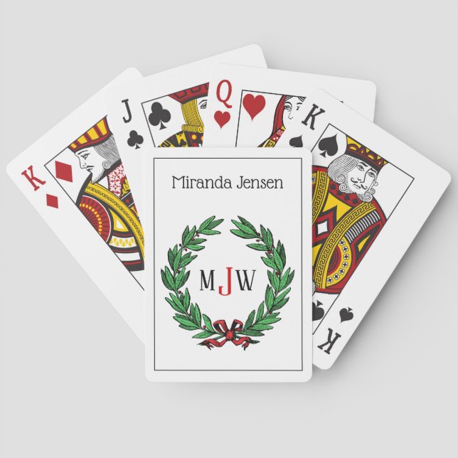 Festive Christmas Xmas Holly Wreath Monogram Playing Cards (Back)