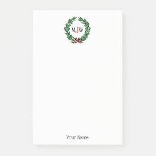 Festive Christmas Xmas Holly Wreath Monogram Post-it Notes