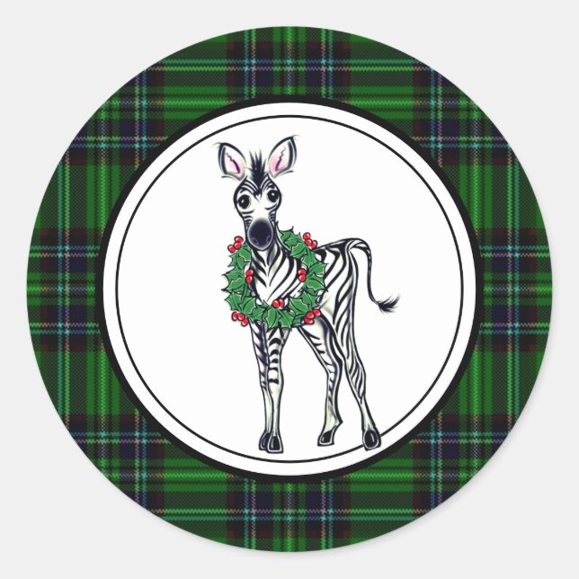 Festive Christmas Zebra, green plaid, holly wreath Classic Round Sticker (Front)