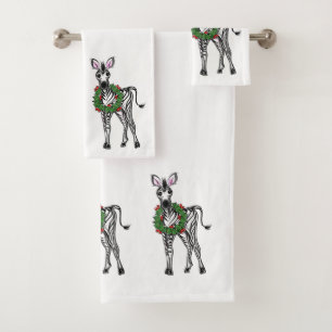 Festive Christmas Zebra, red green Holly wreath  Bath Towel Set