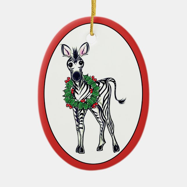 Festive Christmas Zebra, red green Holly wreath  Ceramic Ornament (Front)