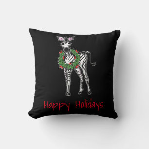 Festive Christmas Zebra, red green Holly wreath Throw Pillow
