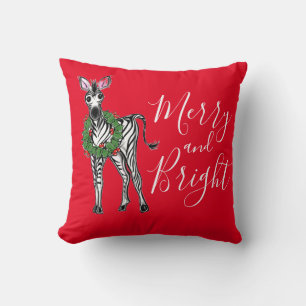 Festive Christmas Zebra, red green Holly wreath  Throw Pillow
